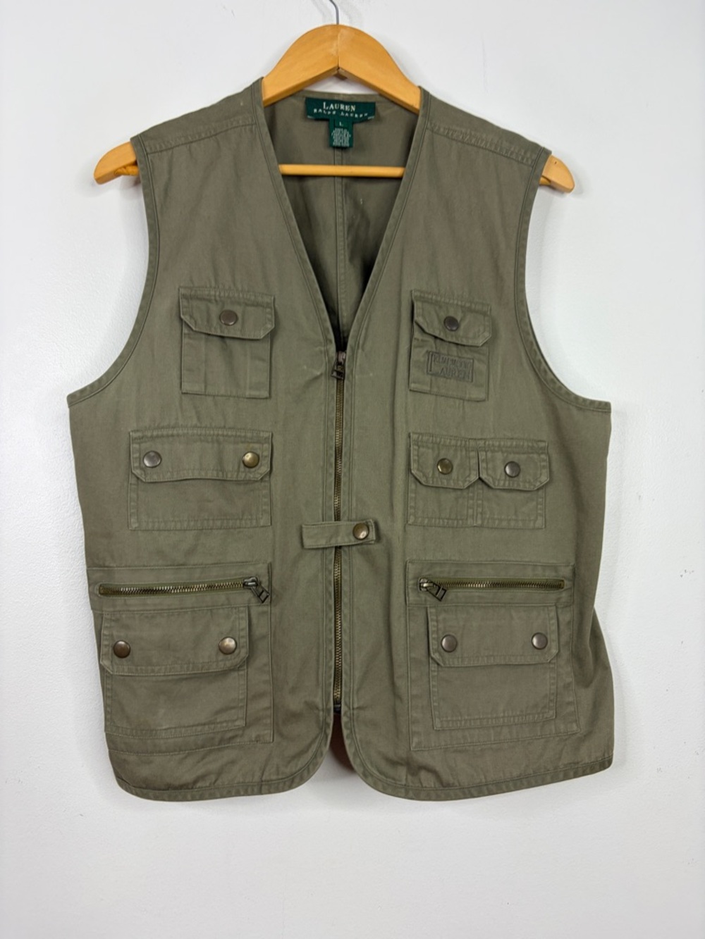 Vintage Lauren Ralph Lauren Vest Womens Large Khaki Green Cotton Utility Safari